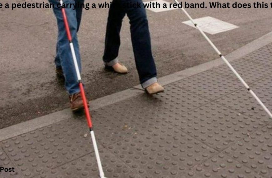 You see a pedestrian carrying a white stick with a red band. What does this tell you